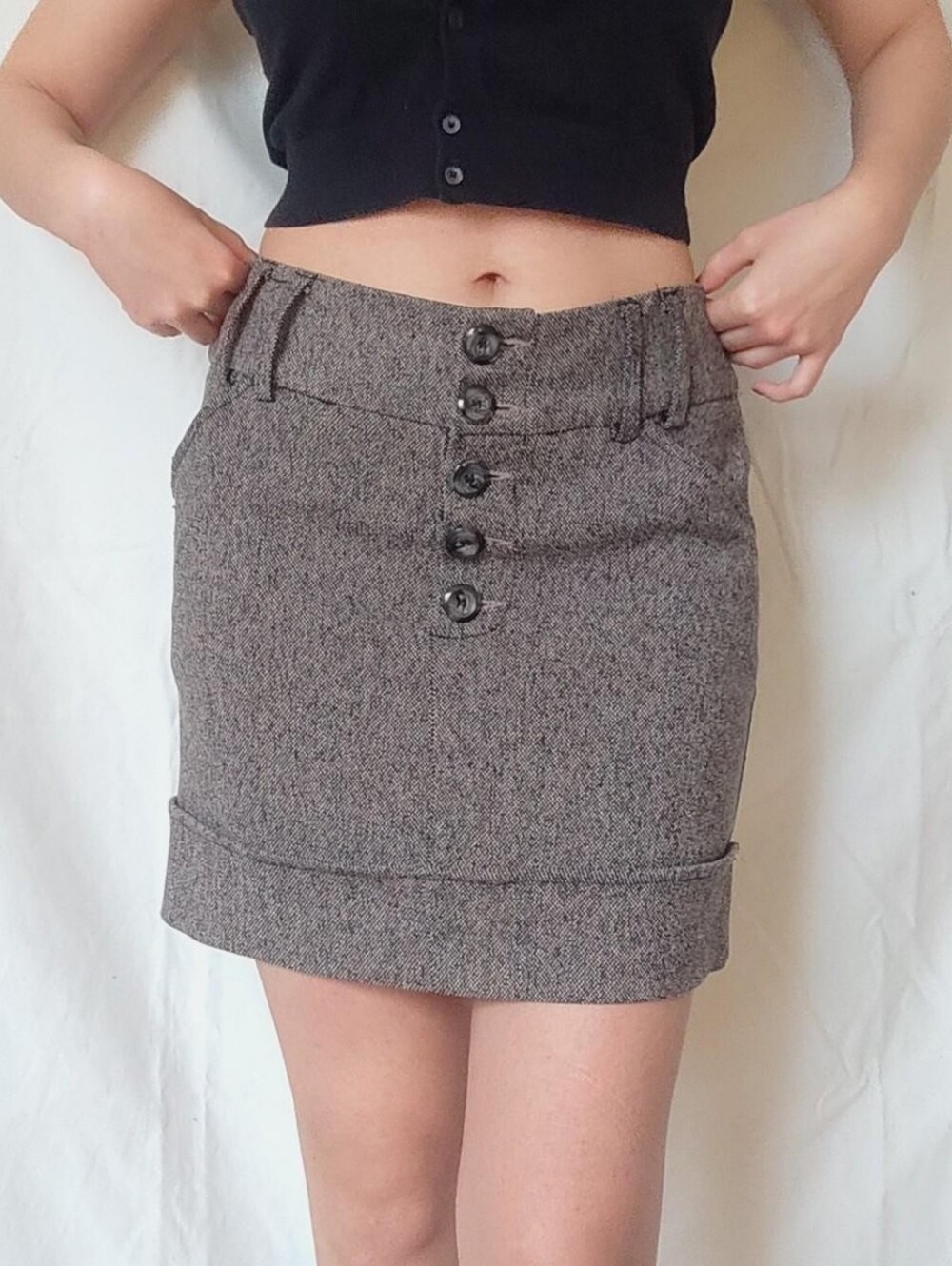 Vintage Mini Cool Brown Office Skirt With Buttons and Pockets